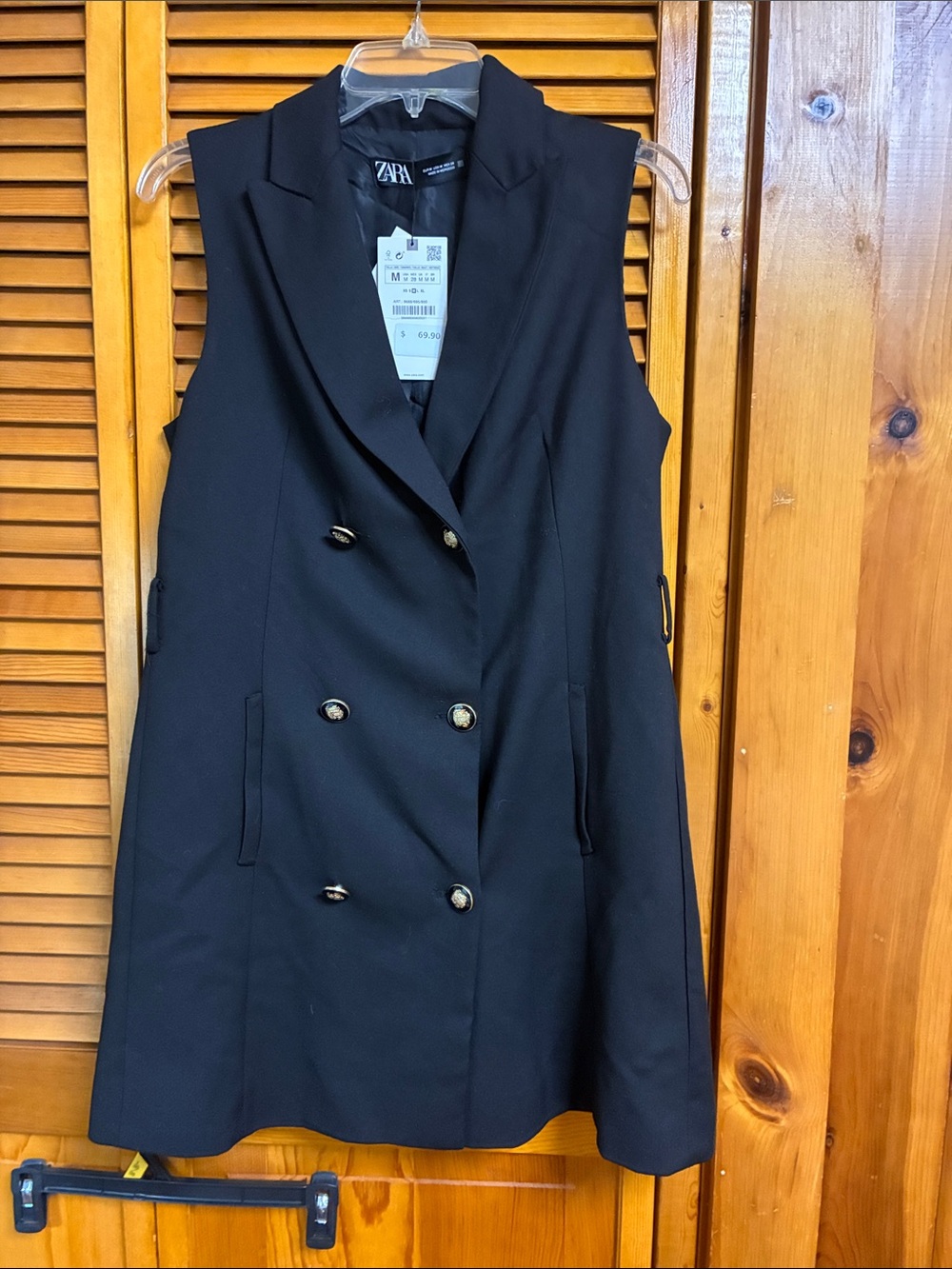 Zara Black Double-Breasted Sleeveless Blazer Vest with Gold Buttons Length 34”